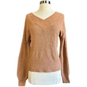 Pink Rose Crossover V Shape Cozy Soft Ribbed Pullover Sweater